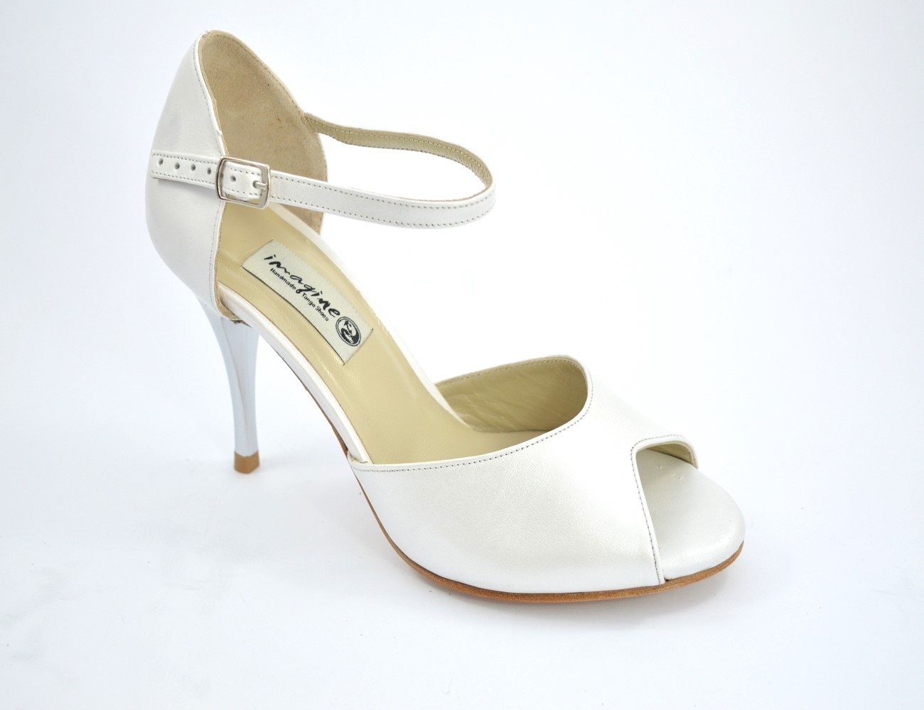 755 b Νυφικό παπούτσι peep toe από λευκό δέρμα πέρλα - Image 1