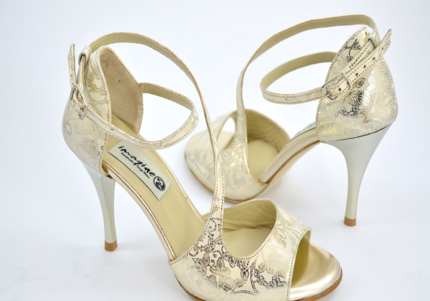 Γυναικείο παπούτσι tango από μπεζ σουέτ δέρμα με χρυσά floral σχέδια